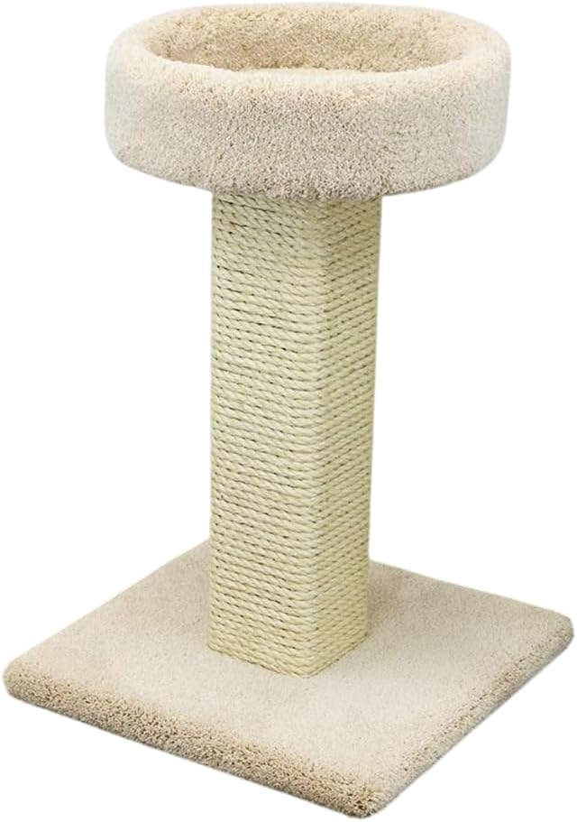 Maykoosh French Flair Elevated Cat Scratch Post with Cat Bed, Compact and Stylish Elevated Cat Bed with Plush Carpet and Sisal Scratching Post, Perfect for Sleep and Play Light Tan