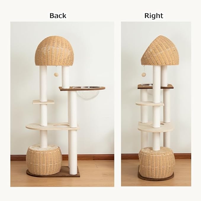 Modern Cat Tree for Large Cat, 60-Inch Tall Cat Tower with Scratching Post for Indoor Cats, Multi-Level Cat Condo with Hand-Woven Cat Bed and Acrylic Bowl