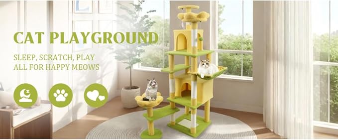 Flower Cat Tree 71 Inch with Large Cat House, Removable Cushion & Hammock, Multi-Level Wooden Cat Tower for Big Cats, Extra Wide Perches&Scratching Posts for Multiple Cats. (Yellow)