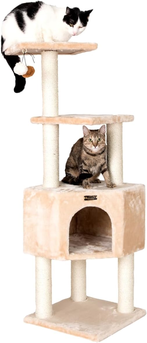 Cat Tower 3 Level Real Wood Kitten Tree - Beige Condo Perch Sisal Scratching Post 48" Tall