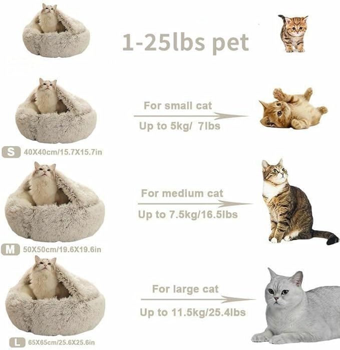 Cat Bed Round Fluffy Hooded Cat Bed Cave, Anti-Anxiety Cave Bed with Hooded Blanket, Cozy Cuddler Luxury Puppy Pet Bed, Anti-Slip Bottom and Machine Washable (Coffee, Large)