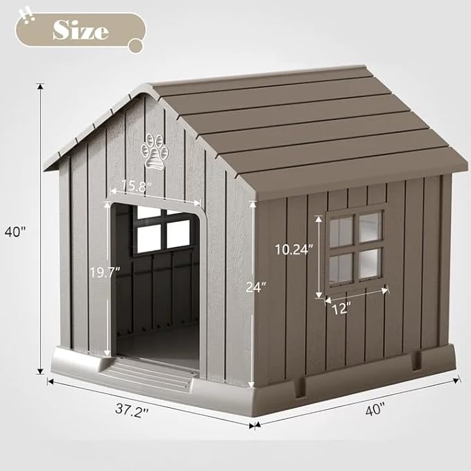 Bifanuo Dog House for Outdoor & Indoor Use with Window, Waterproof Ventilated Kennel with Elevated Floor, Easy to Clean Shelter for Small Medium Large Dogs (Grey, 37.2" L x 40" W x 40" H)