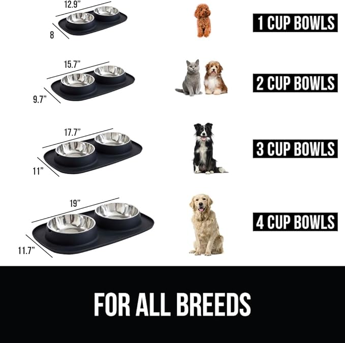 GORILLA GRIP Feeding Mat Bowl Set, 100% Waterproof BPA Free Silicone Base, 304 Stainless Steel Cat and Dog Bowls for Food and Water, Slip Resistant, High Edge, US Designed, Patent Pending, 2 Cup Black