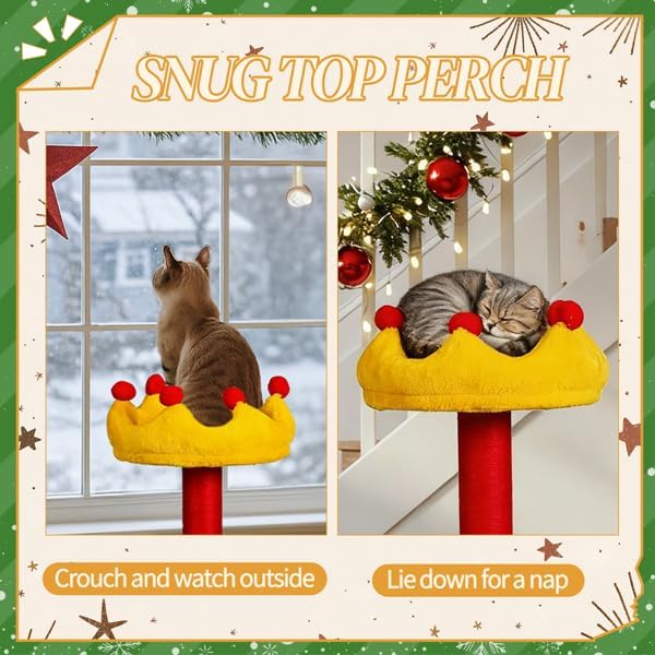 29.5in Christmas Plush Cat Tree, Multi-Level Cat Tower with Condo, Crown Perch & Sisal Posts, Festive Cat Activity Center for Indoor Small Cats, Holiday Cat Furniture Gift