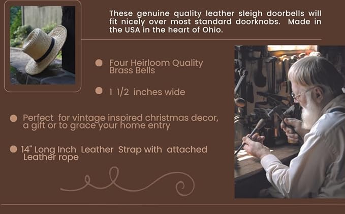 Amish Crafted Leather Strap Arctic Sleigh Bell Door Hanger Hanging Jingle Bells (Brown Leather, 14 Inches)