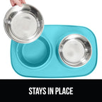GORILLA GRIP Feeding Mat Bowl Set, 100% Waterproof BPA Free Silicone, 304 Stainless Steel Cat and Dog Bowls for Food and Water, Slip Resistant, High Edge, US Designed, Patent Pending, 2 Cup Turquoise