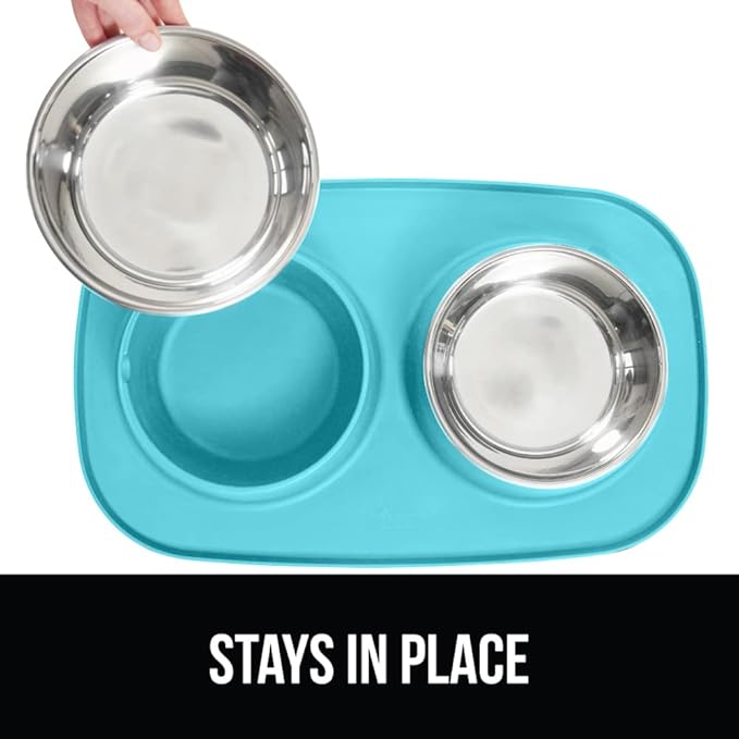 GORILLA GRIP Feeding Mat Bowl Set, 4 Cup 100% Waterproof BPA Free Silicone, 304 Stainless Steel Cat and Dog Bowls for Food and Water, Slip Resistant, High Edge, US Designed, Patent Pending, Turquoise