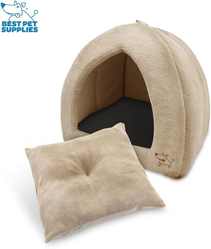 Best Pet Supplies Cat Bed for Indoor Cat, Domed Tent House with Removable Pillow, Covered Cat Cave for Small Dog, Puppies and All Breeds of Cats - Tan, 19 x 19 x H:19"