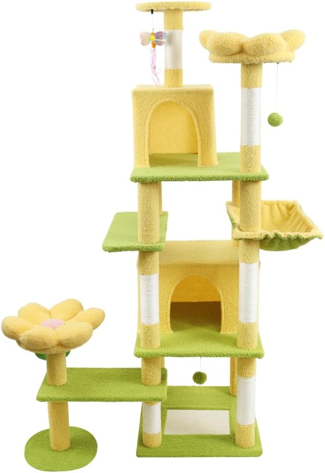 Flower Cat Tree 71 Inch with Large Cat House, Removable Cushion & Hammock, Multi-Level Wooden Cat Tower for Big Cats, Extra Wide Perches&Scratching Posts for Multiple Cats. (Yellow)