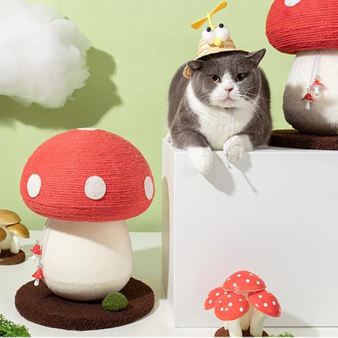 Happy & Polly Mushroom Cat Scratcher Toy, Red and White, Floor Mount, Modern Style, for Indoor Climbing (Red, Mediu)
