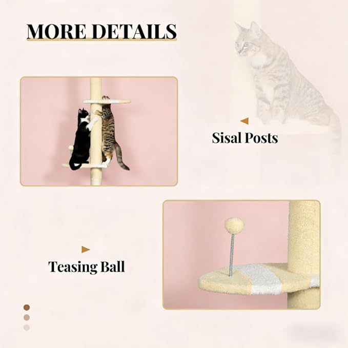 Floor-to-Ceiling Cat Tree, 4-Tier, 18.5x13.5x102.3 Inches, All Breed Sizes, Climbing and Cuddling, Fabric and Particle Board, Floor Mount