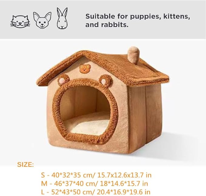 Cat Beds for Indoor Cats, Cute Bear Shape Cat Bed Cave, Pet House Cats Tent with Removable Cushion Pillow for Kittens Puppy Small Dogs (Brown, S-15.7x12.6x13.7in)