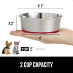 GORILLA GRIP Dog Bowl, Holds 2 Cups (16 fl oz), Food Grade 304 Stainless Steel Food and Water Bowl for Feeding Dogs and Cats, BPA Free Rubber Base, Easy Clean, Dishwasher Safe, Rust Resistant, Red