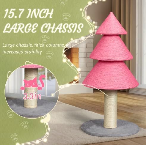 VINGLI 31.5in Christmas Tree Cat Scratcher, Pink Cat Scratching Post for Indoor Cats, Large Sisal Cat Scratching Tree Tower with Soft Fleece Base, Stable Cat Tree for Kittens & Adult Cats