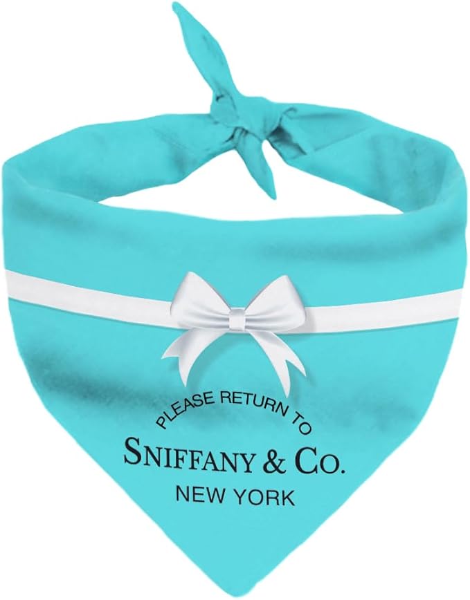 Dog Bandana Sniffany & Co. Designer Fashion Clothes Scarf kercheif for Small Medium and Large Dogs. Funny Parody Gift for Girl or boy Dog Soft Durable Fabric, Adjustable tie-on Style Triangle