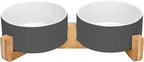 SPUNKYJUNKY Ceramic Dog and Cat Bowl Set with Wooden Stand, Modern Cute Weighted Food Water Set for Small Size Dogs (13.5OZ) & Medium Sized Dogs (28.7OZ) & Cats (3.6 Cups, 2 × White-Grey)