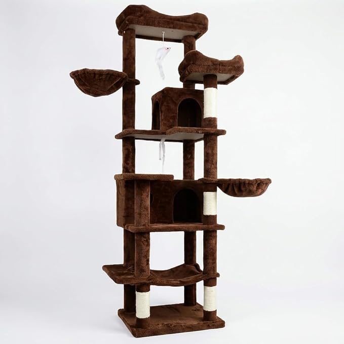 68" Tall 6-Level Plush Cat Tree Tower – Multi-Cat Furniture with Hammocks, Cats Cave, Removable Cushions & Sisal Scratching Posts | Indoor Playground for Cozy Naps & Claw Care
