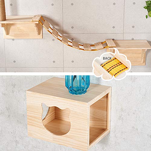 9pcs Wall Wood Climber Set - 2 Cat Condos Houses & 4 Shelves & 2 Ladders & 1 Sisal Cat Scratching Post Cat Steps, Perch & Bed