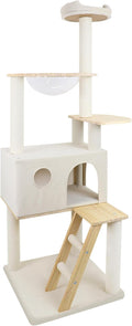 65" Large Cat Tree with Condo & Spacecraft Design - Sturdy Wood Cat Tower with Scratching Posts, Plush Perches & Ladder for Indoor Cats, White Modern Cat Furniture