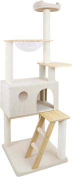 65" Large Cat Tree with Condo & Spacecraft Design - Sturdy Wood Cat Tower with Scratching Posts, Plush Perches & Ladder for Indoor Cats, White Modern Cat Furniture