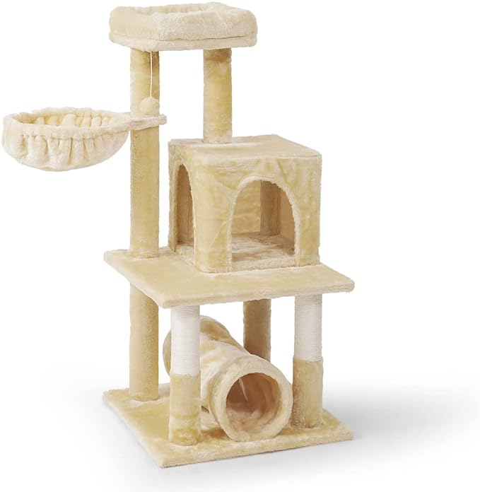 CAPHAUS Cat Tower for Indoor Cats, Modern Cute 40-Inch Small Cat Tree with Widened Perch for Large Cats Kittens, Multi-Level Cat Activity Tree with Scratching Posts, Tunnel, Basket, Cat Cave Condo
