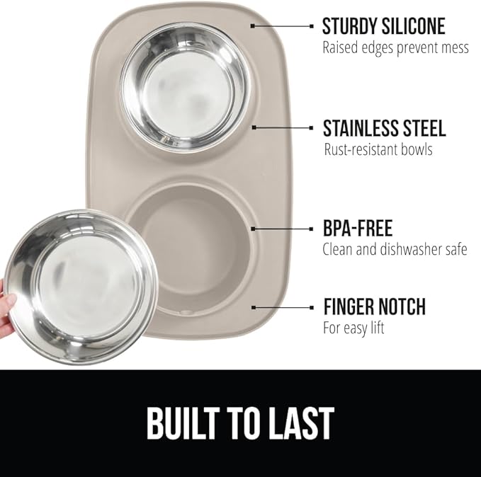 GORILLA GRIP Feeding Mat Bowl Set, 100% Waterproof BPA Free Silicone Base, 304 Stainless Steel Cat and Dog Bowls for Food and Water, Slip Resistant, High Edge, US Designed, Patent Pending, 2 Cup Beige