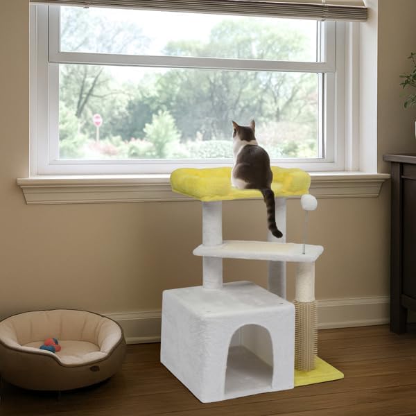 27.5in Multi-Level Cat Tree Tower for Indoor Cats with Cozy Condo, Sisal Scratching Post and Pad, Soft Top Perch, Play Ball, Yellow White Modern Cat Furniture