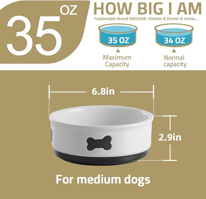 Sweejar Ceramic Dog Bowls with Bone Pattern, Dog Food Dish for Medium Dogs, Porcelain Pet Bowl for Water 35 Fl Oz (Turquoise)