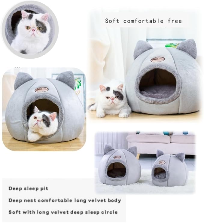 Cat Ear-Shaped Bed for Indoor Cats,Semi-Enclosed Kitten Bed with A Removable Mat & Non-Slip Bottom for Cat and Small Dog,Cats Hideaway (Gray, S:13×13×13in(33×33×33cm))