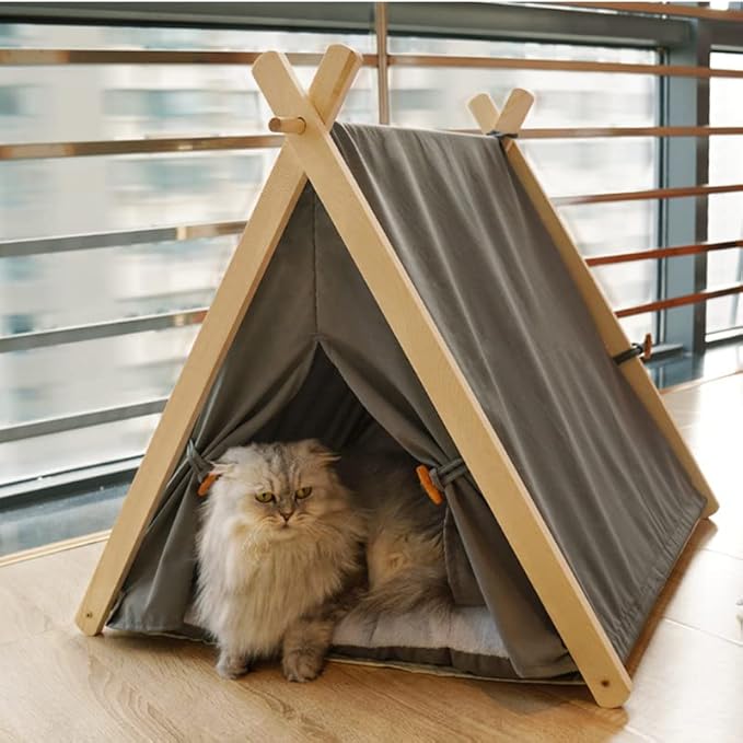 Solid Wood Cat Indoor Tent with Thick Mat,Portable Dog House Dog Teepee Tent,Cute Cat Teepee Cave Cat Bed,Dog Bed (Grey)