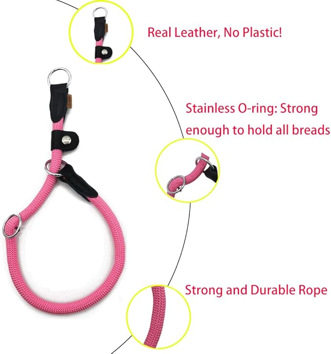 Braided Round Martingale Dog Collar, Training Collar with Slidable Stop Ring and Adjustable Stopper - Ideal for Medium Dogs (M(1/3") - 18" Long, Pink)