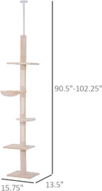 Road Cat Tree, Floor to Ceiling Cat Tower with Adjustable Height(90.5-102.25 Inches), 5 Level Cat Climbing Tower with Cozy Hammock, Platforms for Indoor Cats (Beige)