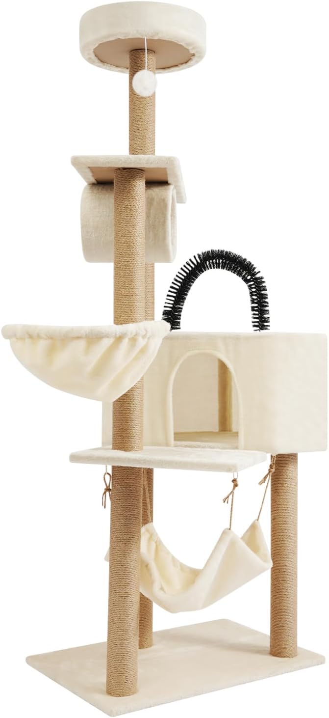 Multi-Level Cat Tower Cat Tree with Scratching Posts, Hammock, Condo, Jumping Platforms, 16.53 Lbs Load Capacity, 63" Tall Wooden Cat Condo Perch for Indoor Large/Small Cats (Beige)