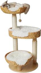 Cat Tree 39 Inches Cat Tower with Sisal Covered Scratching Real Wood Post, Handwoven PE Rattan 3 Baskets perches with Cozy Cushion, Cat Climbing, Cat Scratching Post (White Cushion)