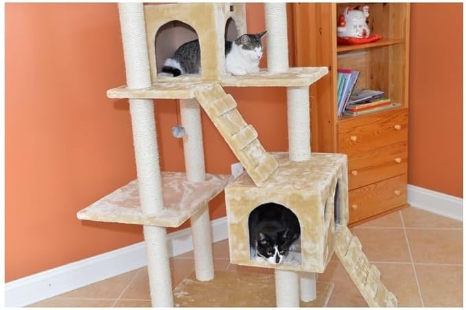 Cat Tree Multi-Level - Scratching Posts, Play Platforms & Cozy Hideaway - Beige Faux Fur Cat Furniture