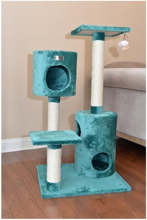 Cat Tree Condo - 3 Level House with 2 Playhouses & Perches - Dark Green Faux Fur