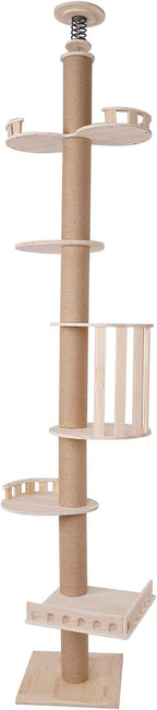 100.4-104.3" Tall Multi-Tier Wood Cat Tower Tree Wall with Sisal Scratching Climbing Posts, Adjustable Height Floor to Ceiling Cat Tree for Indoor Cats Climbing Tower Activity Wood Cat Wall Furniture