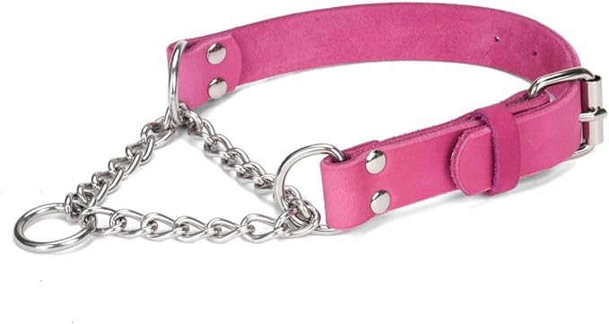 Martingale Collar for Dogs No-Pull Adjustable Training Collar with Stainless Steel Chain - Genuine Leather Anti-Slip Design for Small,Medium,Large Breed Dogs - Pink (S)