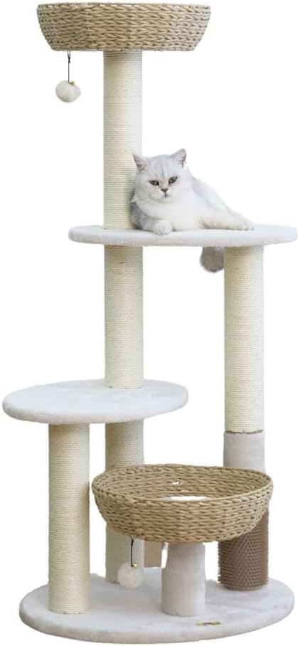 PetPals® Pharaoh 5-Level Cat Tree with Recycled Paper Rope Baskets, Sisal Scratching Posts, Teaser Toy, Massager, Eco-Friendly Boho Cat Furniture for Cats Up to 15 lbs