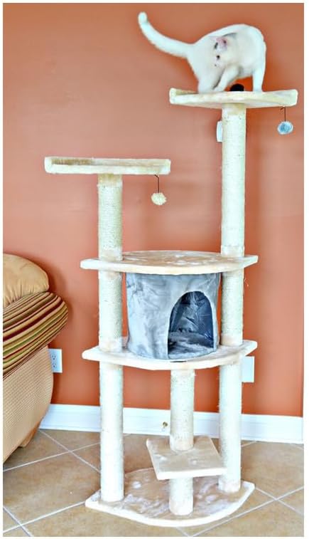 Cat Tree with Scratching Posts & Playhouse - Soft Faux Fur Perches for Cats - Almond