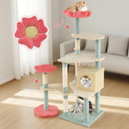 61" Floral Multi-Level Cat Tree Tower with Condo, Scratching Posts, Perches & Toys – Modern Cat Furniture for Indoor Cats, Beige/Blue/Red – Plush & Sisal, 33 lb Per Layer Capacity