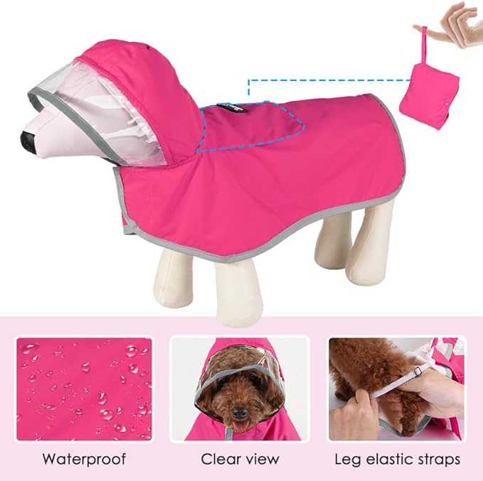 SlowTon Dog Raincoat, Adjustable Dog Rain Jacket Clear Hooded Double Layer, Waterproof Poncho with Reflective Strip Straps and Storage Pocket for Small Medium Large Dogs Puppies(FU XS)