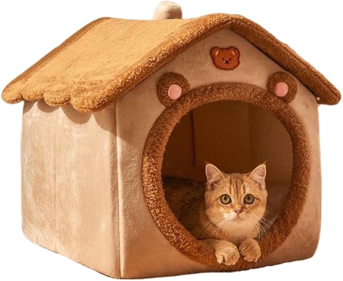 Cat Bed for Indoor Cats, Cozy Cave Bed Cat House Cats Tent with Removable Cushion Pillow, Soft Warm Pet House, Cute Bear Pet Nest for Kitten Small Dogs (Brown, M-18.1x14.57x15.75 Inches)