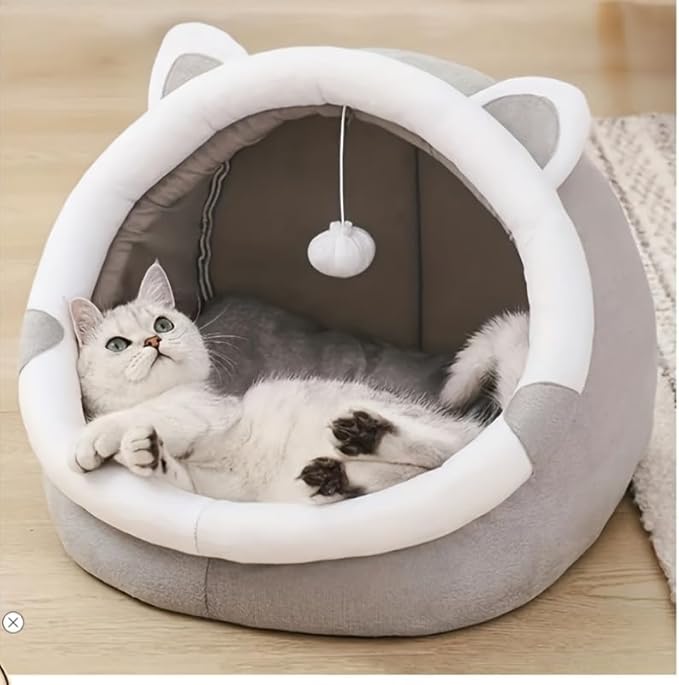 Cozy Cat Cave Pet Bed, Gray and White, 3, Indoor Cat House with Hanging Toy Ball, Soft Plush Cat Dome Bed for Small to Large Cats