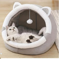 Cozy Cat Cave Pet Bed, Gray and White, 3, Indoor Cat House with Hanging Toy Ball, Soft Plush Cat Dome Bed for Small to Large Cats