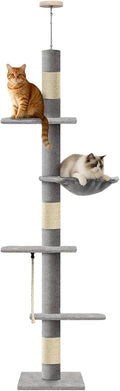 Cat Tree 5-Tier Floor to Ceiling Cat Tower with Cozy Hammock, 89-109 Inch Adjustable Height Sisal Scratching Post, Provides Vertical Enrichment for Jumping & Climbing, Grey