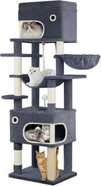 70.1 Inch Cat Tree for Indoor Cats, Multi-Layer Scratching Post with Large Platform, 2 Caves, 7 Sisal Posts, Pompoms, Cat Basket, Hammock, Suitable for Cats, Dark Grey MS17818SG