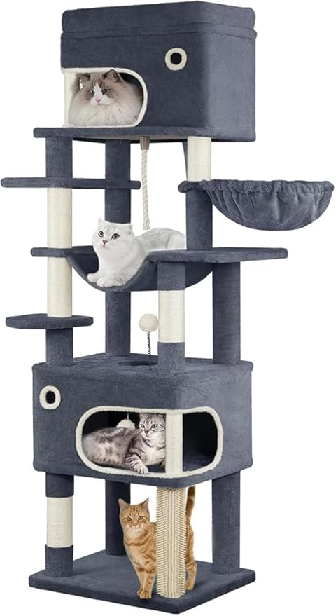 70.1 Inch Cat Tree for Indoor Cats, Multi-Layer Scratching Post with Large Platform, 2 Caves, 7 Sisal Posts, Pompoms, Cat Basket, Hammock, Suitable for Cats, Dark Grey MS17818SG