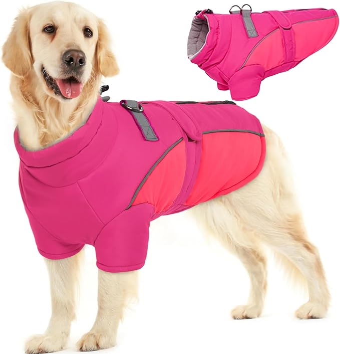 ROZKITCH Dog Winter Coat, Dog Coat for Autumn Winter with Turtleneck, Pet Clothes with Adjustable Waist Strap, Soft Warm Pet Clothing with Reflective Strip for Small Medium Large Dogs Rose Red 3XL