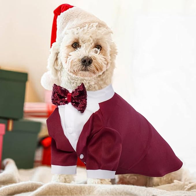 Kuoser Dog Tuxedo, Formal Dog Costume with Bow Tie Pet Wedding Suit Party Birthday Outfit, Dogs Tux Soft Shirt for Valentines Christmas Halloween Graduation Cosplay, Burgundy M